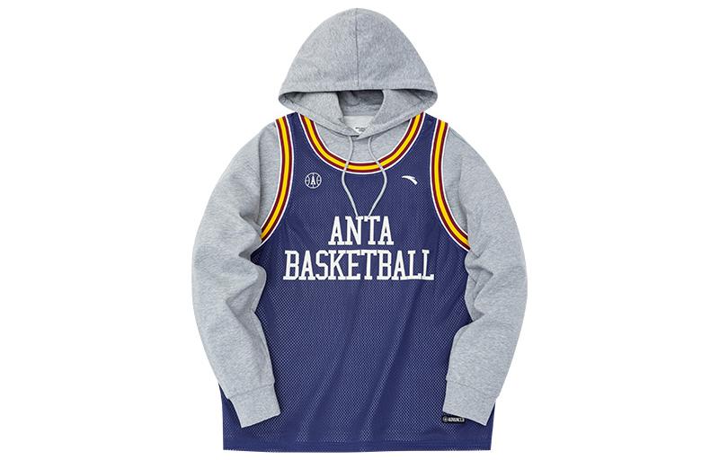 Anta Vintage Print Hoodie Vest, Drawstring, Long Sleeve - Gray 952241710-2