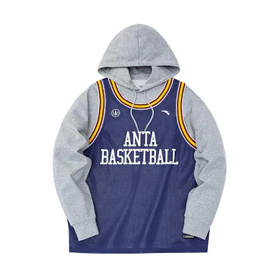 Anta Vintage Print Hoodie Vest, Drawstring, Long Sleeve - Gray 952241710-2