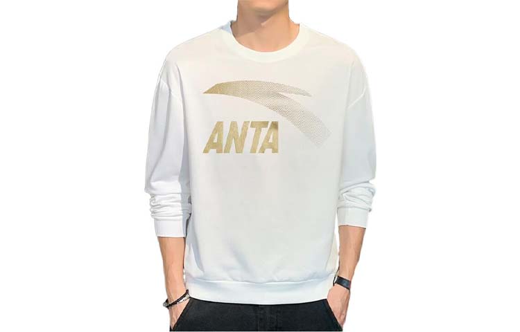 Anta White Crewneck Sweatshirt with Solid Color Logo Print 952038771-2