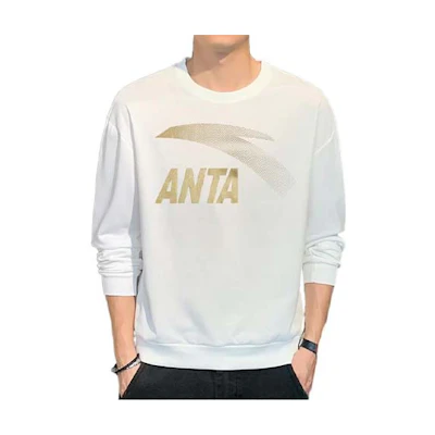 Anta White Crewneck Sweatshirt with Solid Color Logo Print 952038771-2