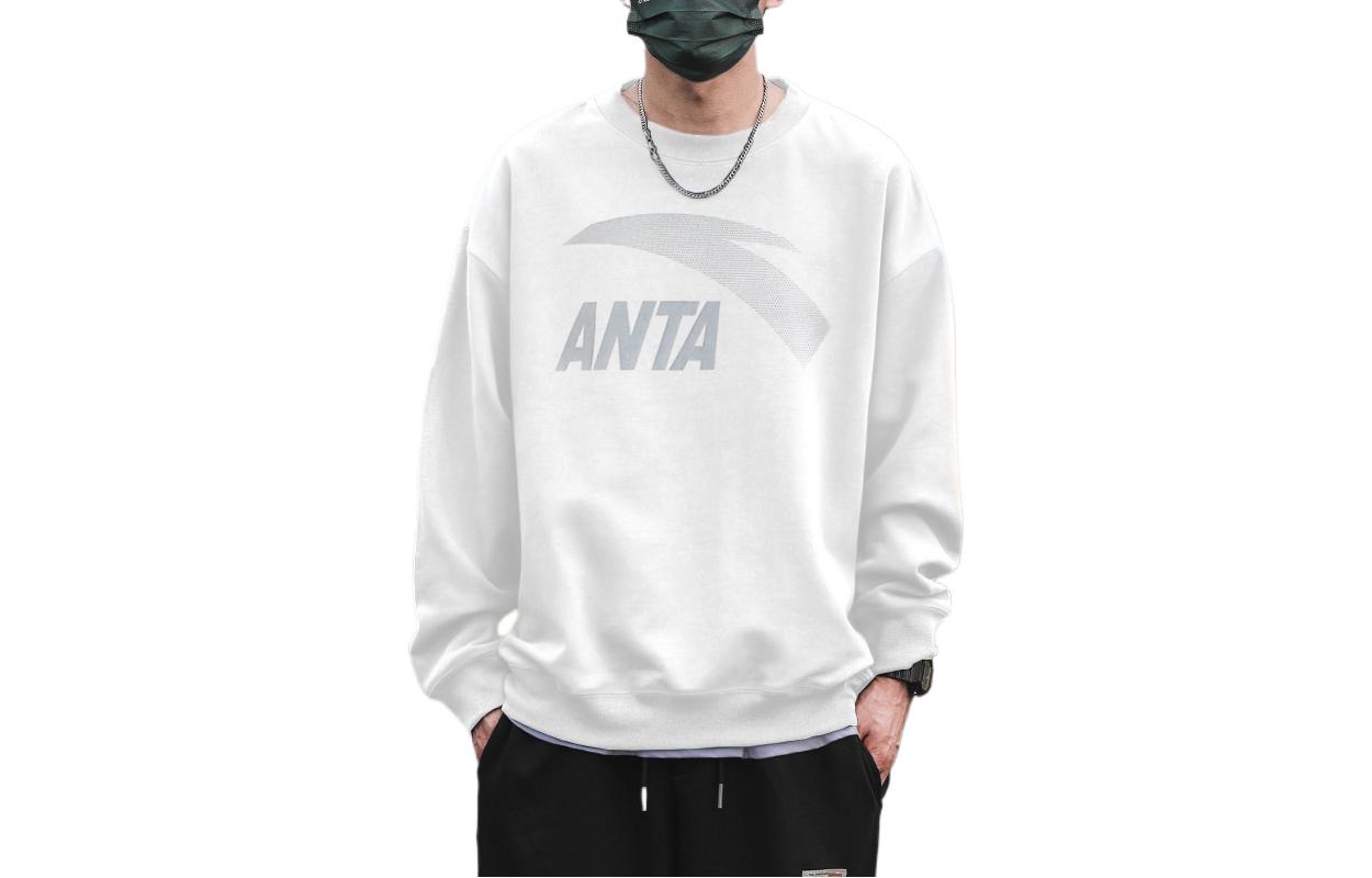 Anta White Pullover Sweatshirt with Letter Logo Print Crewneck Long Sleeve 952038720-4