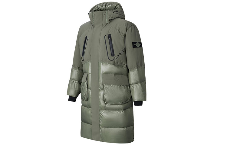 Anta x CHENPENG Logo Olive Green Long Hooded Puffer Jacket Unisex 172418901-1