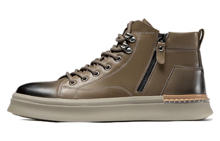 Aokang Leather Round Toe Lace-Up Mid-Top Martin Boots 'Grey' 1223922005