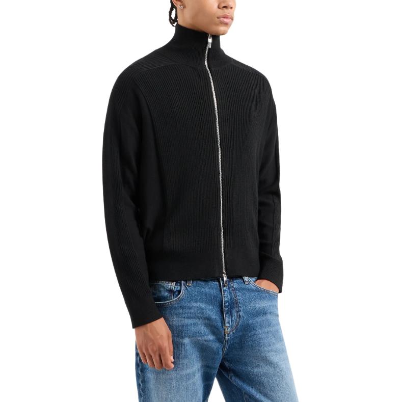 Lookbook Armani Exchange  Black Full-Zip Ribbed Knit Cardigan FW24 6DZE6G-ZM5BZ-1200
