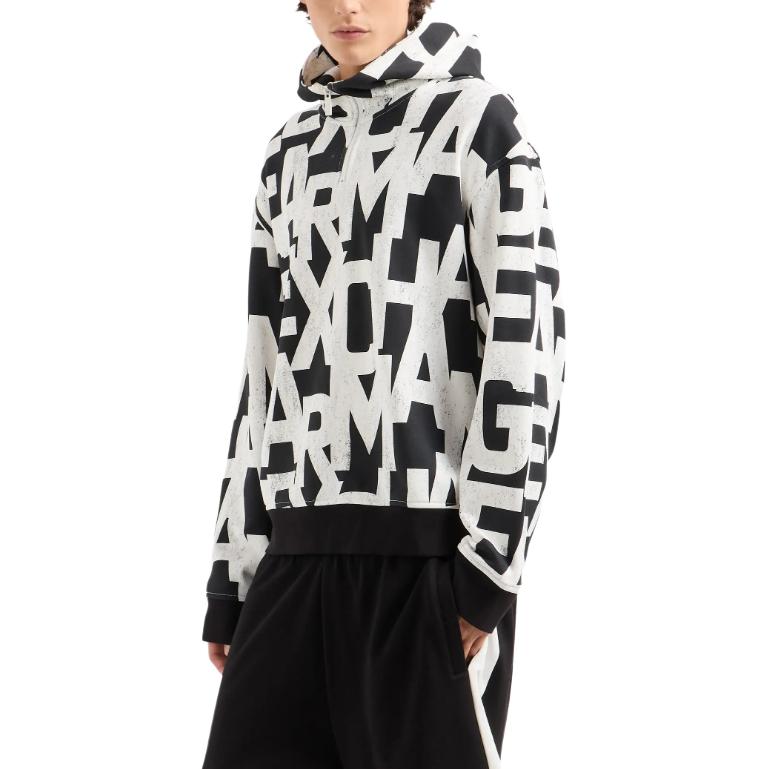 Lookbook 阿玛尼AX 黑色logo印花半拉链连帽衫 FW24. 6DZMLB-ZJ4XZ-52AN