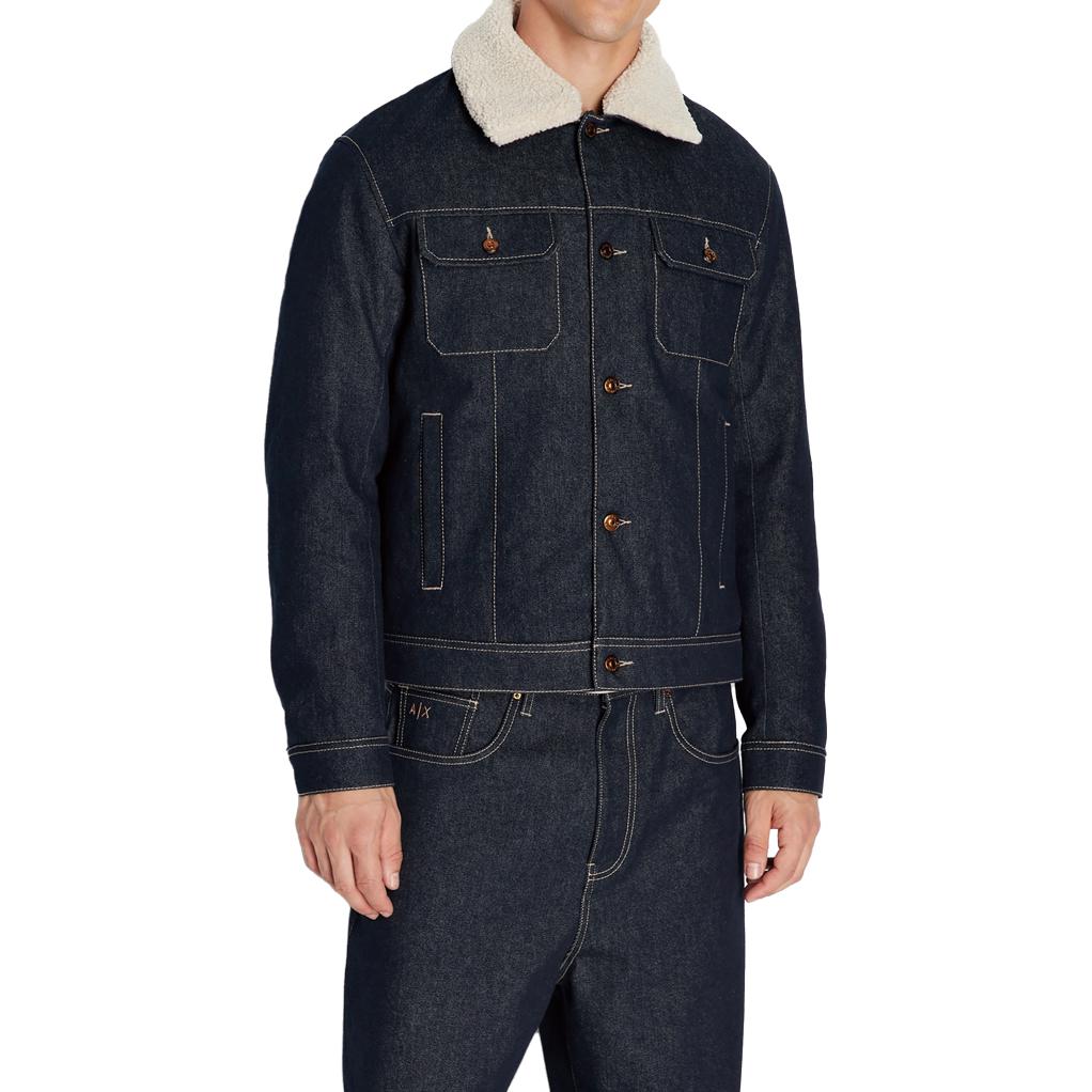 Shop 阿玛尼AX 牛仔蓝棉质夹克配可拆绒面革领。 6RZB48-Z1X5Z-1500