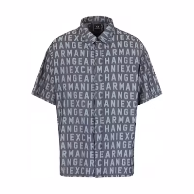 Armani Exchange Grey Monogram Short Sleeve Button-Up Shirt. 3DZCD4-Z1WAZ-05HC