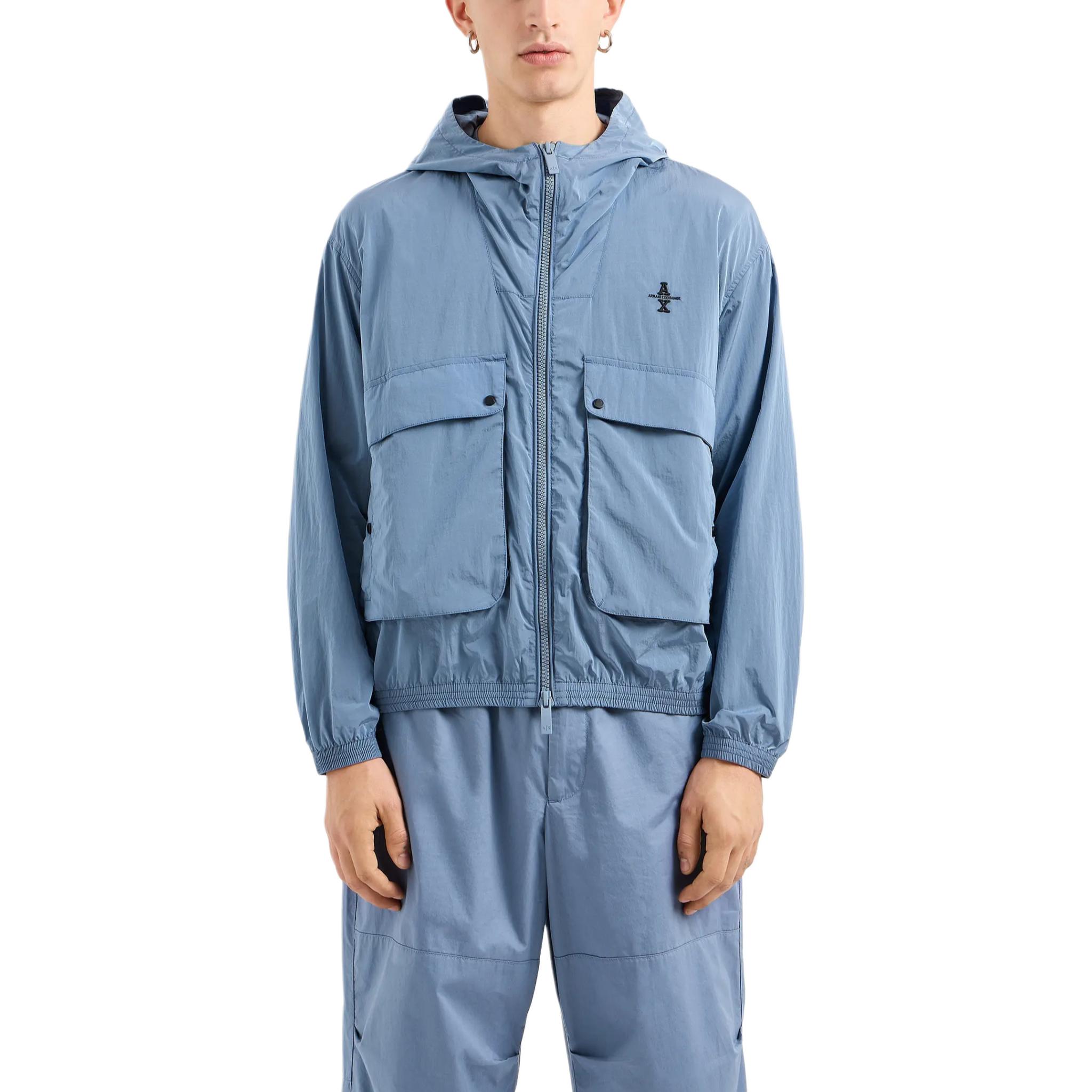 Lookbook ARMANI EXCHANGE  Logo Embroidered Hooded Jacket Misty Blue SS24. 6DZBL7-ZN5HZ-15DU