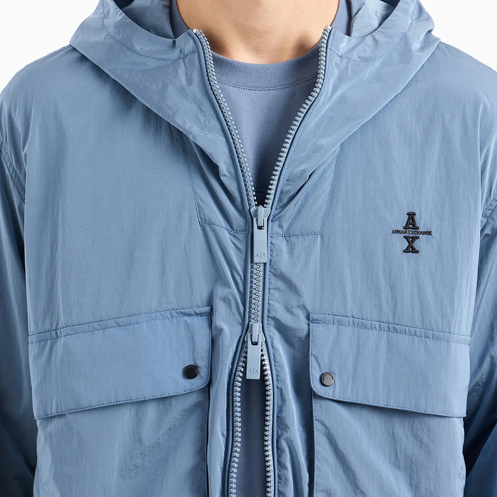 Details for ARMANI EXCHANGE  Logo Embroidered Hooded Jacket Misty Blue SS24. 6DZBL7-ZN5HZ-15DU