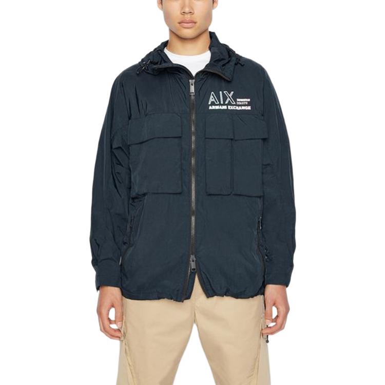 Shop ARMANI EXCHANGE  Logo Print Hooded Zip Jacket Navy Blue. 3RZB30-ZN1CZ-1510
