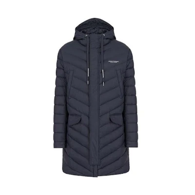 ARMANI EXCHANGE Navy Hooded Long Down Jacket Coat with Zipper. 8NZL20-ZNW3Z-1583