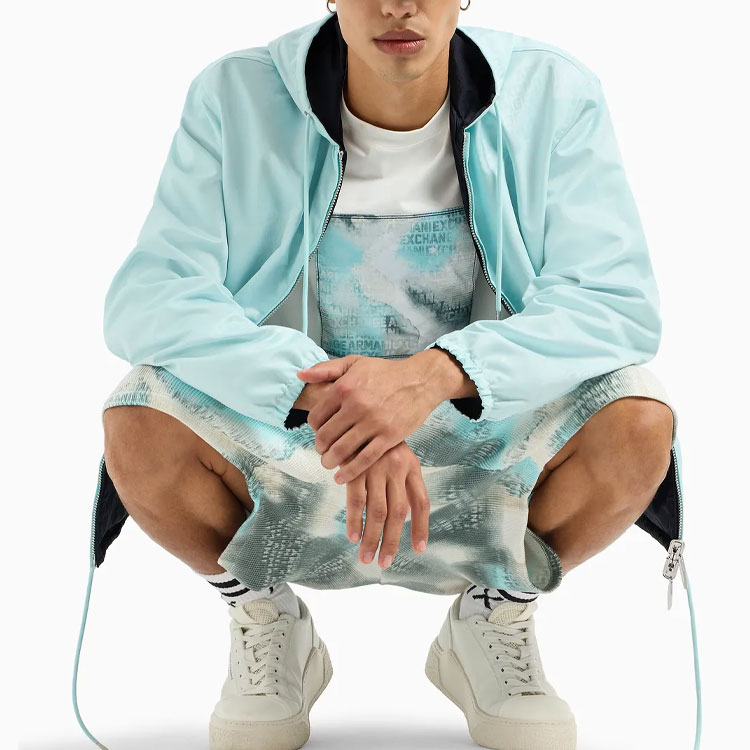 Cheap 阿玛尼AX双面字母印花拉链连帽外套淡蓝色 3DZBL5-ZN3HZ-155JN