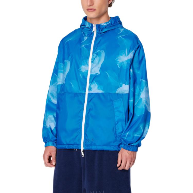 Shop 아르마니 익스체인지 리버시블 로고 프린트 후드 재킷 블루 - SS24. 3DZB44-ZNBWZ-65BJ