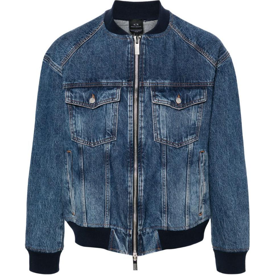 Armani Exchange  Washed Denim Bomber Jacket with Ribbed Trim - Blue. 3DZBG1-Z1Y4Z
