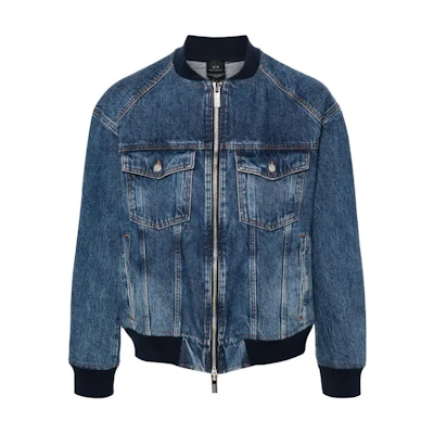 Armani Exchange Washed Denim Bomber Jacket with Ribbed Trim - Blue. 3DZBG1-Z1Y4Z