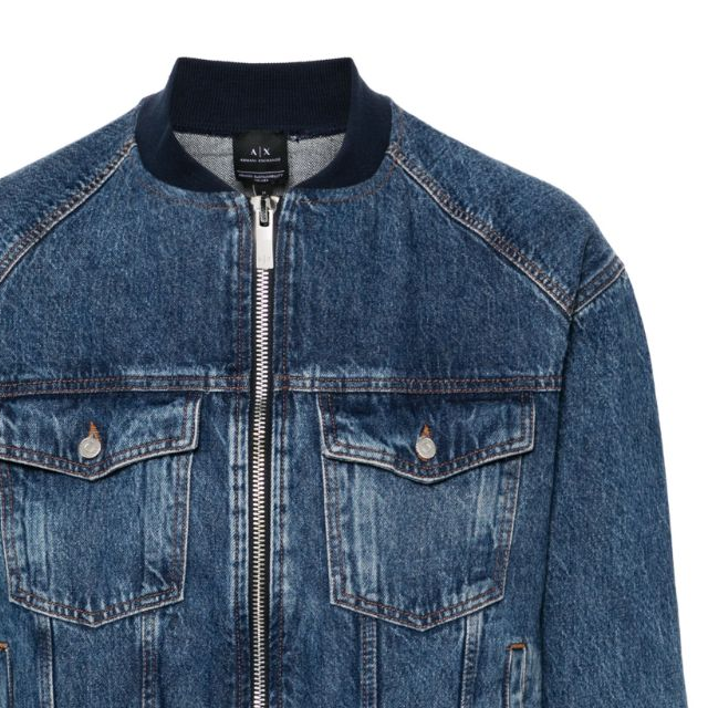 Shop 아르마니 익스체인지 워시드 데님 봄버 자켓 리브드 트림 - 블루. 3DZBG1-Z1Y4Z