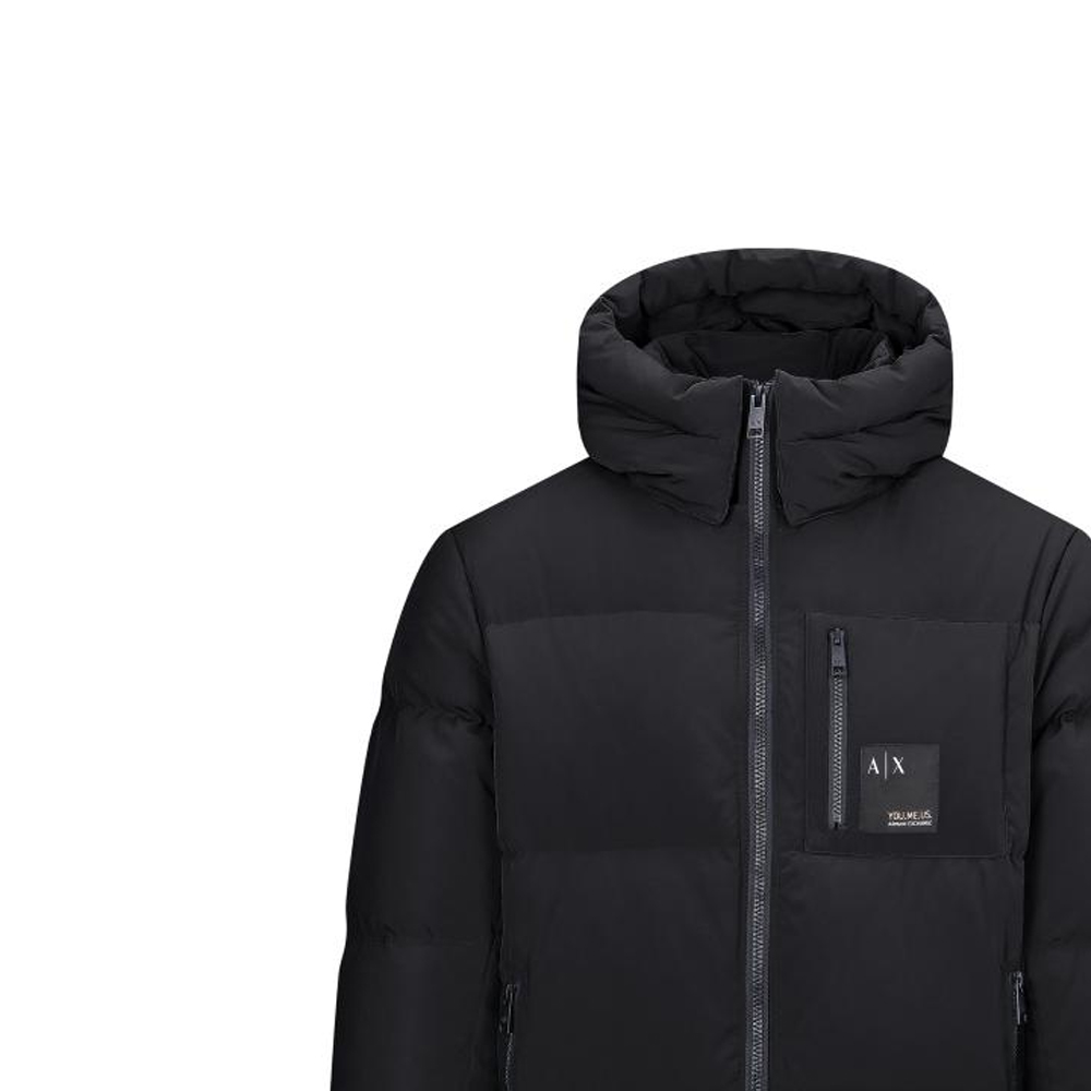 Sizing ARMANI EXCHANGE AE FW22  Black Logo Print Hooded Puffer Jacket. 6LZB12-ZNICZ-1200