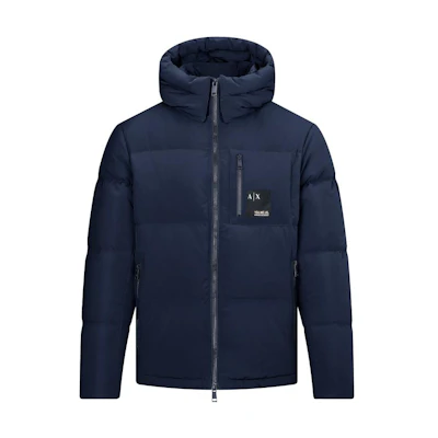 ARMANI EXCHANGE AE FW22 Navy Blue Logo Hooded Puffer Jacket. 6LZB12-ZNICZ-1510