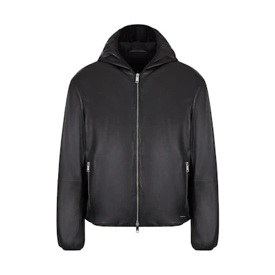 Armani Exchange AE FW22 Solid Black Hooded Leather Jacket H39R70-C9P70-999