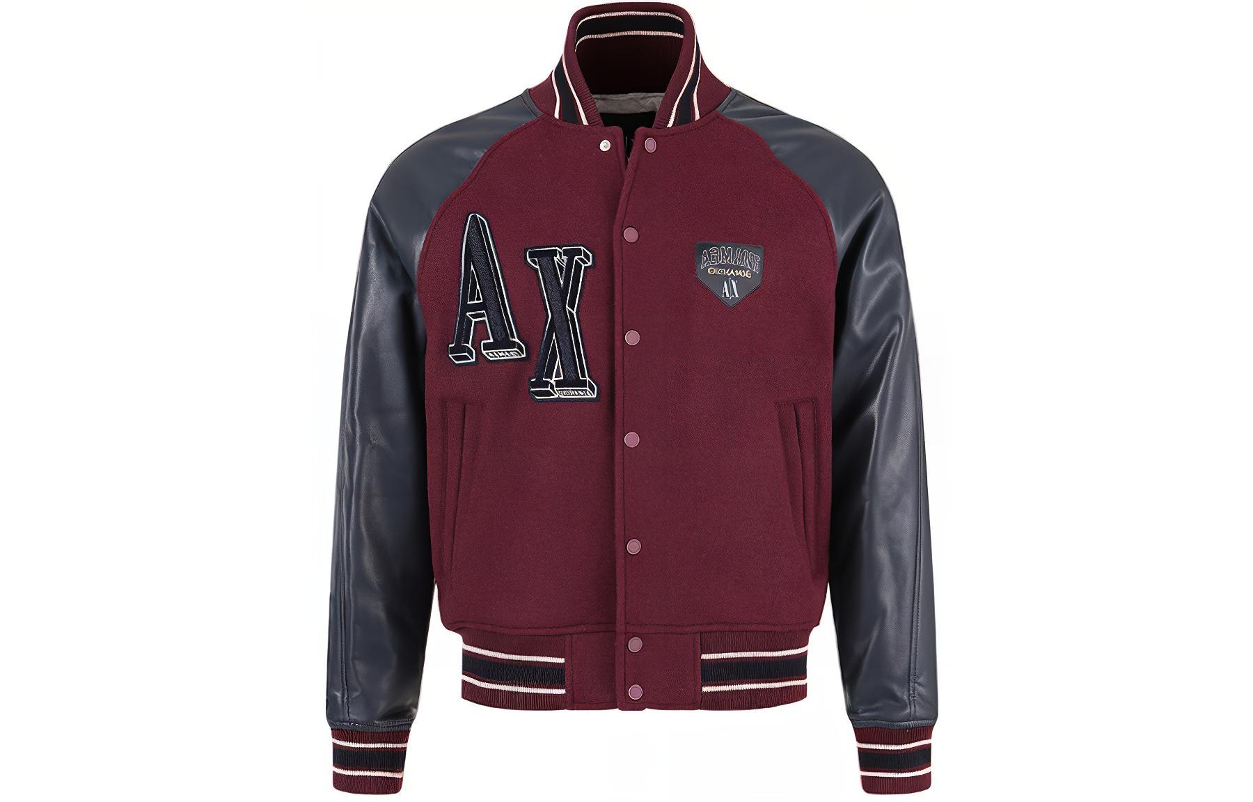 ARMANI EXCHANGE AE FW23  Burgundy Embroidered Letter Baseball Jacket. 6RZB21-ZNIKZ-44AG