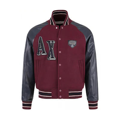 ARMANI EXCHANGE AE FW23 Burgundy Embroidered Letter Baseball Jacket. 6RZB21-ZNIKZ-44AG