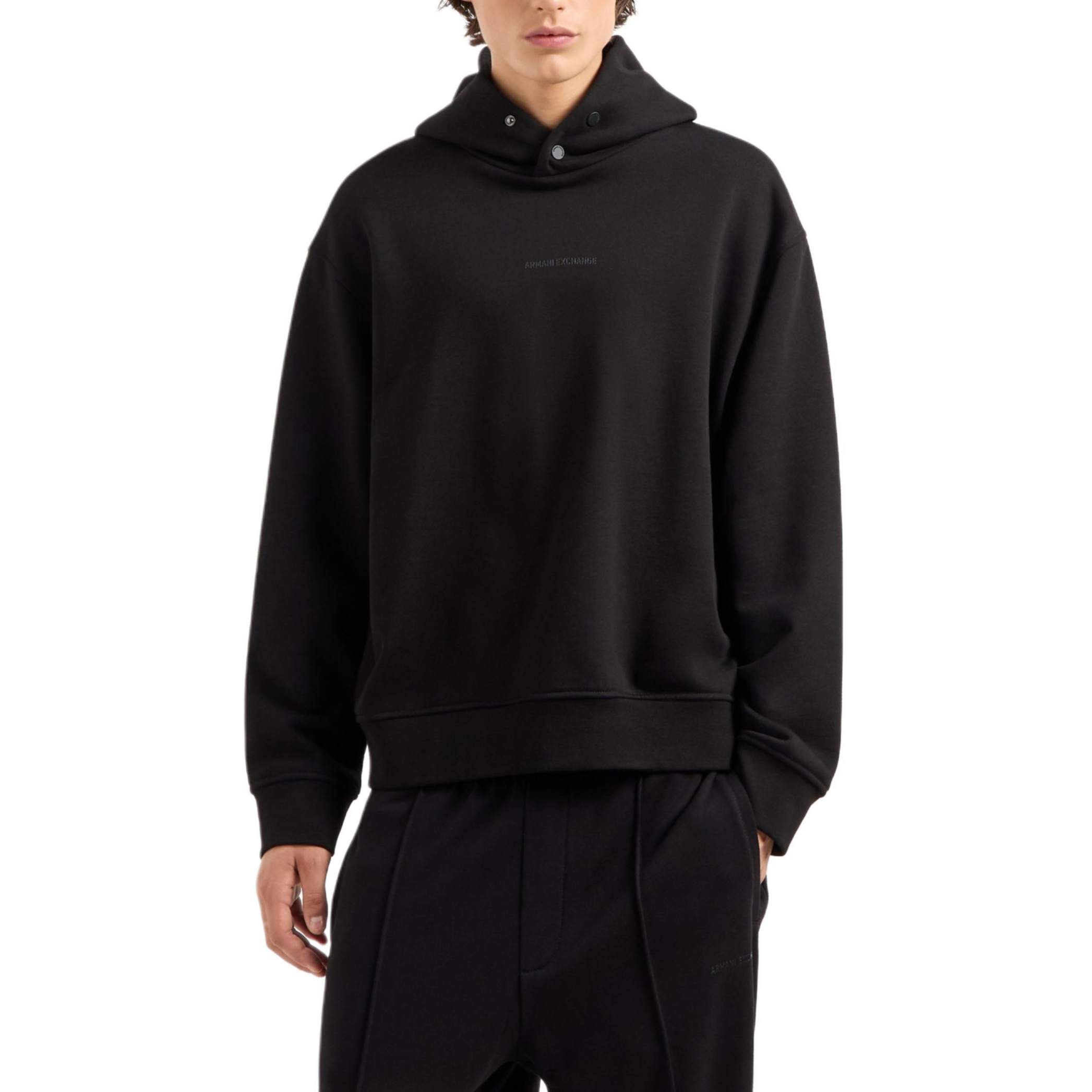 Lookbook ARMANI EXCHANGE AE FW24  Black Hoodie with Logo and Letter Design. 6DZMLJ-ZJ4XZ-1200