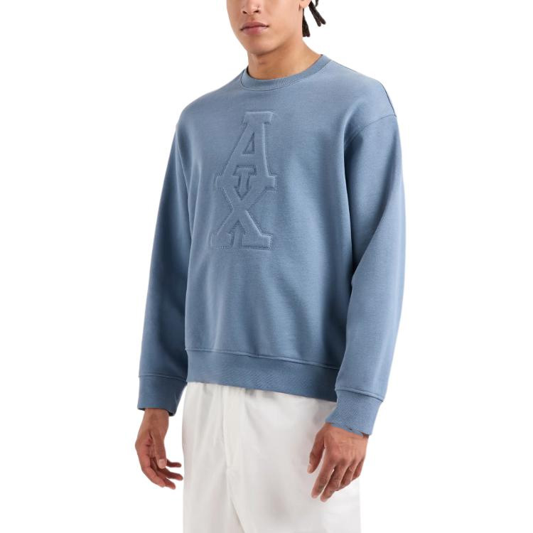 Lookbook 阿玛尼AX AE FW24压花标志圆领卫衣 男士烟雾蓝. 6DZMLF-ZJ4XZ-15DU