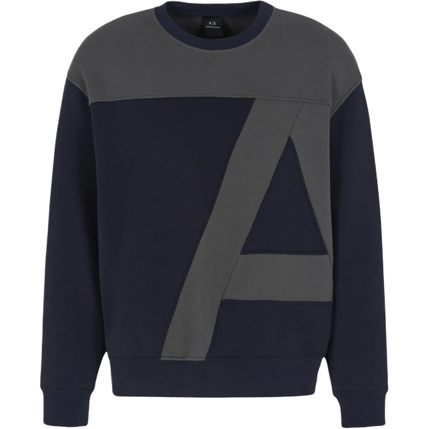 ARMANI EXCHANGE AE FW24 Navy Blue Colorblock Logo Crewneck  Sweatshirt. 6DZMJA-ZJNKZ-1510