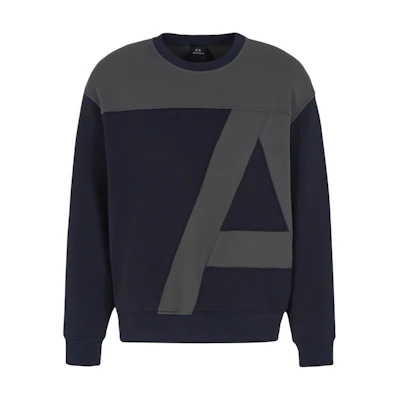 ARMANI EXCHANGE AE FW24 Navy Blue Colorblock Logo Crewneck Sweatshirt. 6DZMJA-ZJNKZ-1510