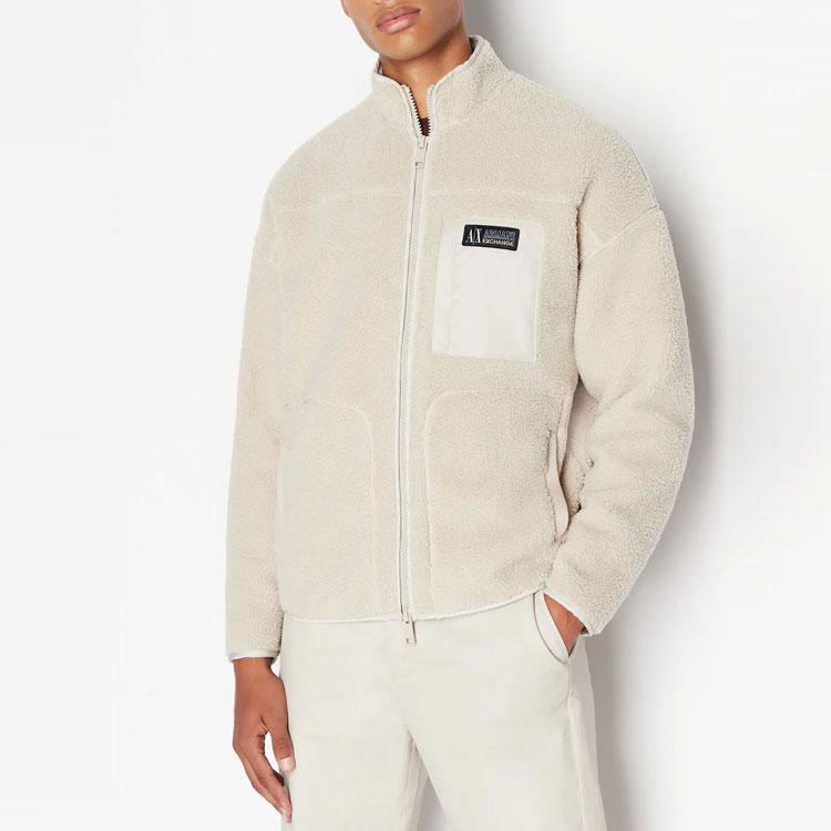 Shop Armani Exchange Beige Zip-Up Relaxed Fit Jacket with Letter Patch Design 6RZMJD-ZJDLZ-11934