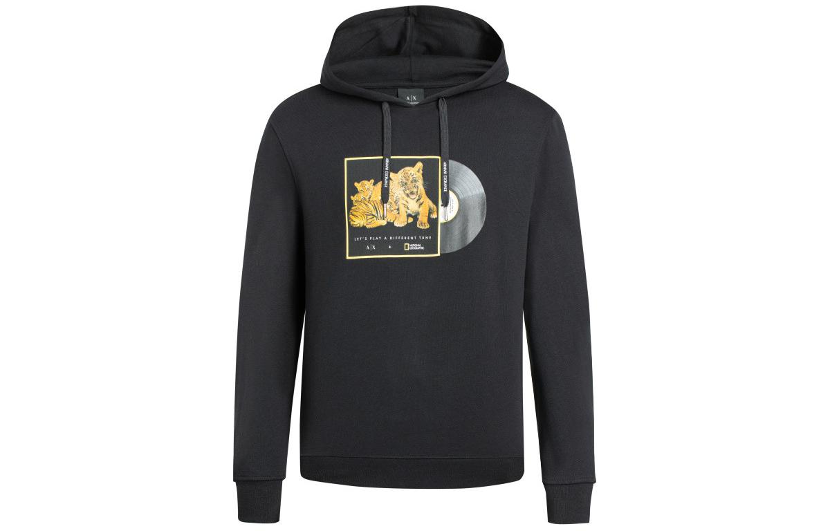 Armani Exchange Black Animal Print Drawstring Hoodie Casual Sweatshirt 3KZMNA-ZJ5KZ-9211