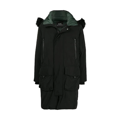 ARMANI EXCHANGE Black Mid-Length Hooded Coat with Faux Fur Trim. 6KZL48-ZNITZ-1200