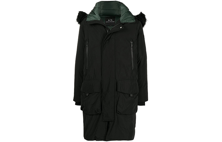 Order ARMANI EXCHANGE Black Mid-Length Hooded Coat with Faux Fur Trim. 6KZL48-ZNITZ-1200