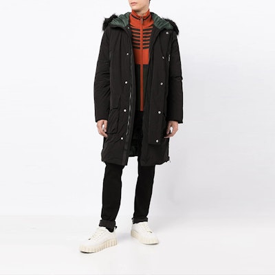 ARMANI EXCHANGE Black Mid-Length Hooded Coat with Faux Fur Trim. 6KZL48-ZNITZ-1200 Lookbook ARMANI EXCHANGE Black Mid-Length Hooded Coat with Faux Fur Trim. 6KZL48-ZNITZ-1200