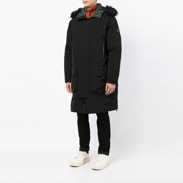 Purchase ARMANI EXCHANGE Black Mid-Length Hooded Coat with Faux Fur Trim. 6KZL48-ZNITZ-1200