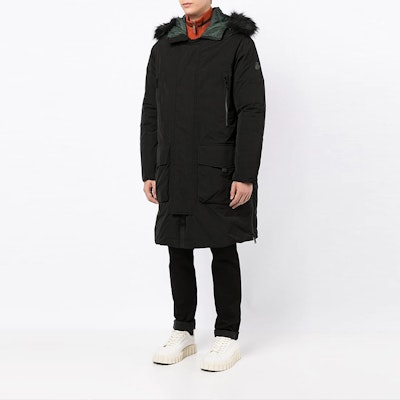 ARMANI EXCHANGE Black Mid-Length Hooded Coat with Faux Fur Trim. 6KZL48-ZNITZ-1200 Purchase ARMANI EXCHANGE Black Mid-Length Hooded Coat with Faux Fur Trim. 6KZL48-ZNITZ-1200