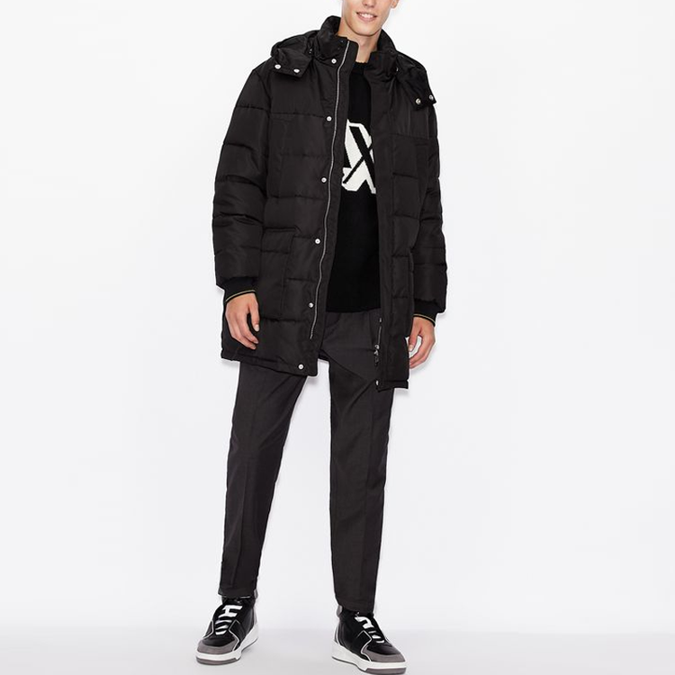 Lookbook 阿玛尼AX黑色中长款连帽棉质外套 6HZL01-ZNFYZ-1200