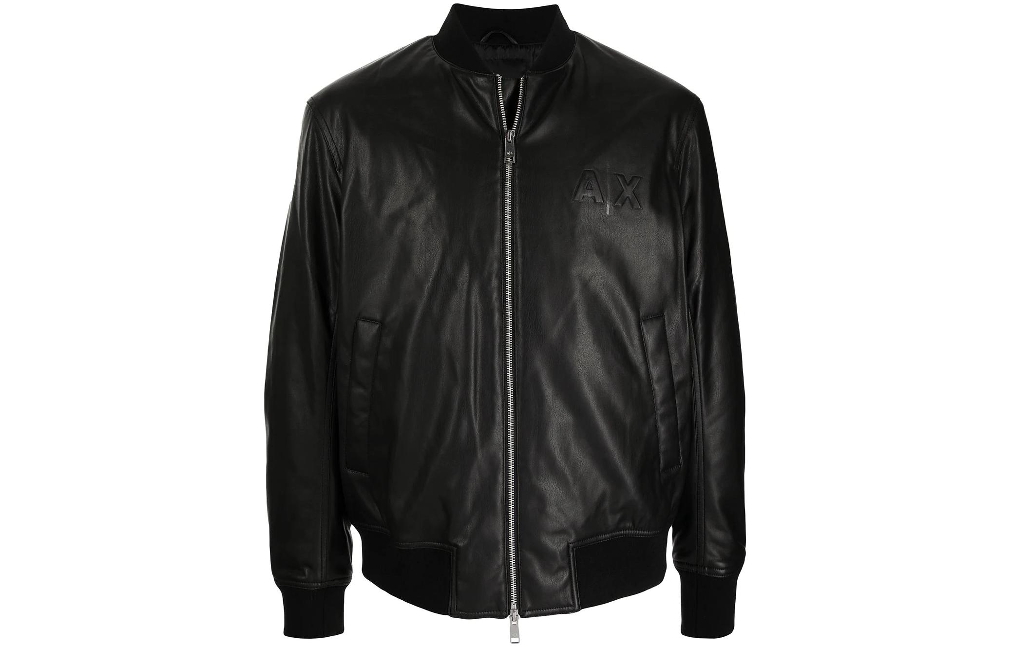 Armani Exchange Black Solid Logo Embossed Ribbed Trim Jacket 6KZB03-ZNHWZ-1200