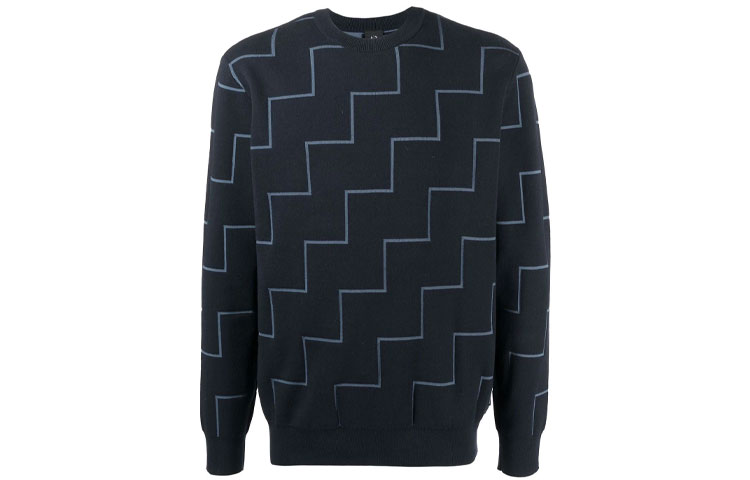 Armani Exchange Blue Crewneck Sweatshirt with Logo and Zigzag Print 6KZM1E-ZM1DZ-2588