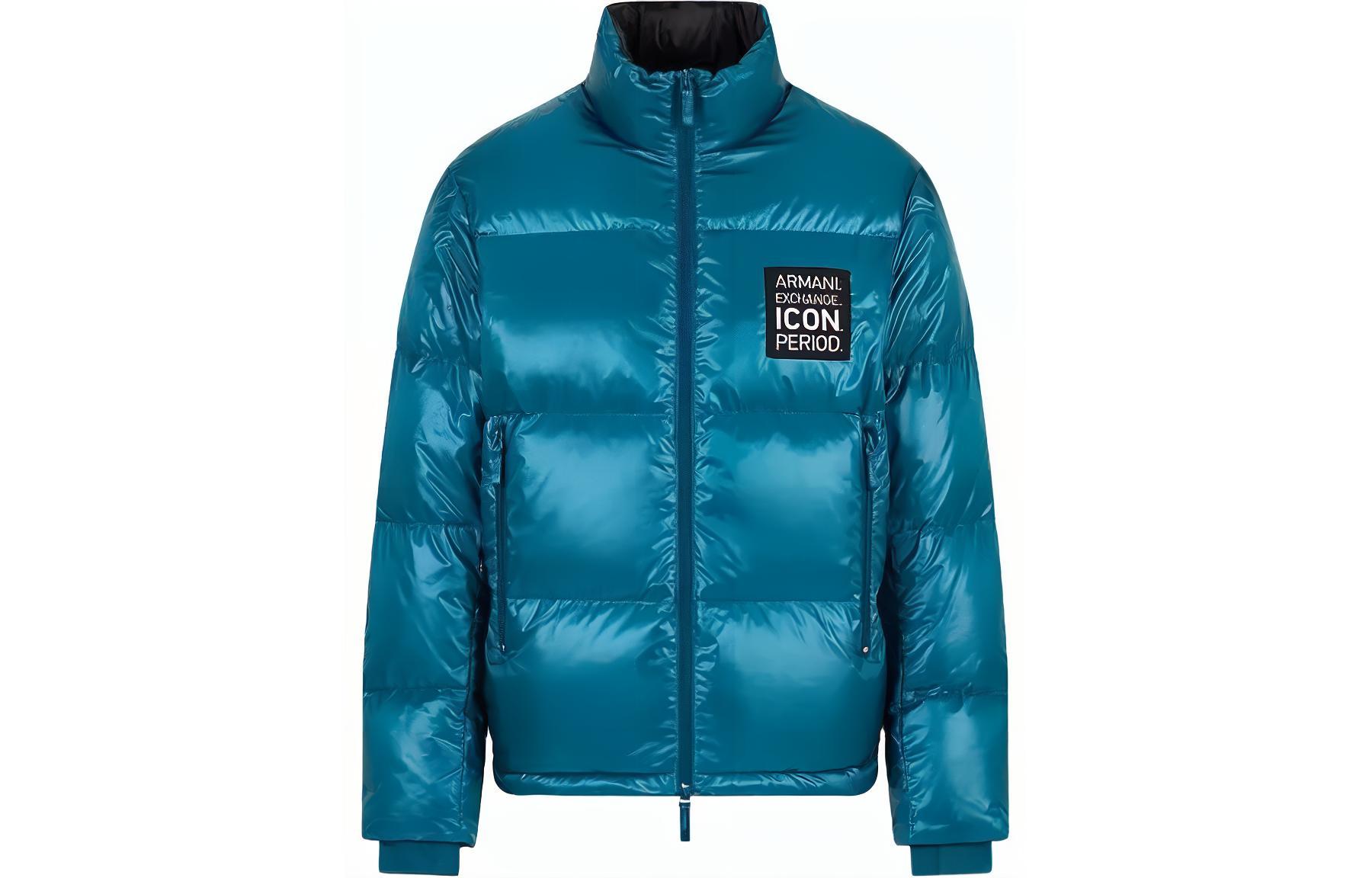 Armani Exchange Blue Logo Print Zip-Up Puffer Jacket with Stand Collar 8NZBP2-ZNYNZ-15CR