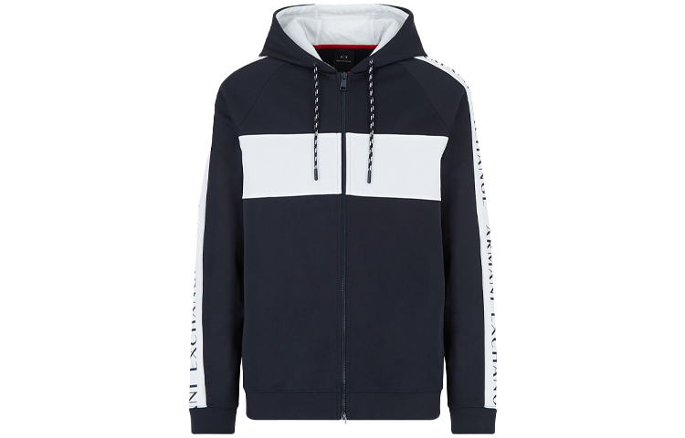 Armani Exchange FW21 Blue Hooded Zip-Up Sweatshirt with Logo Trim 3HZMAD-ZJ3FZ-2554