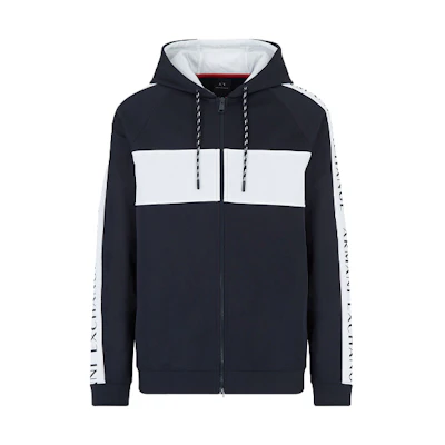 Armani Exchange FW21 Blue Hooded Zip-Up Sweatshirt with Logo Trim 3HZMAD-ZJ3FZ-2554