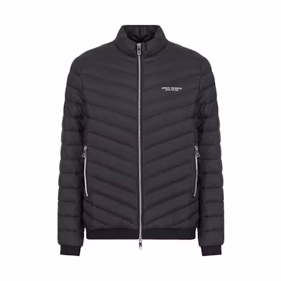 Armani Exchange FW22 Black Puffer Jacket with Logo Print and High Collar. 8NZB52-ZNW3Z-0217