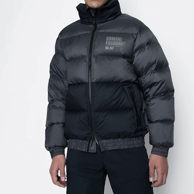 ARMANI EXCHANGE FW22 Colorblock Logo Puffer Jacket - Grey Blue. 6LZB02-ZNUQZ-55HX Purchase ARMANI EXCHANGE FW22 Colorblock Logo Puffer Jacket - Grey Blue. 6LZB02-ZNUQZ-55HX