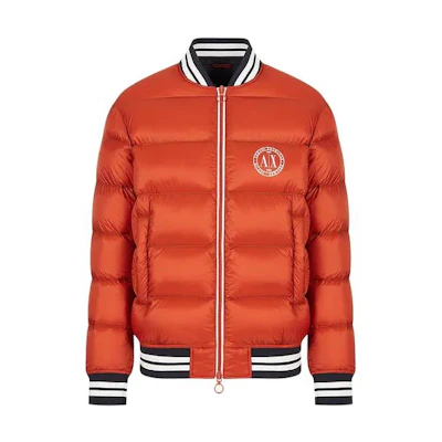 ARMANI EXCHANGE FW22 Quilted Logo Print Jacket Red Brown Striped Colorblock 6LZBL8-ZNWRZ-11498