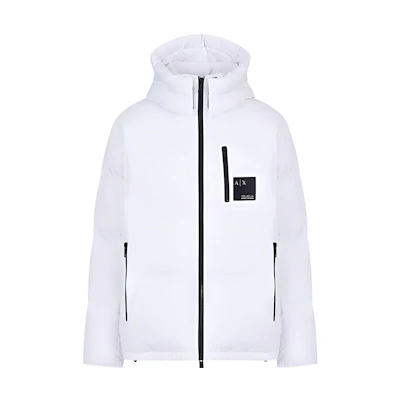 ARMANI EXCHANGE FW22 White Logo Print Hooded Puffer Jacket. 6LZB12-ZNICZ-1100