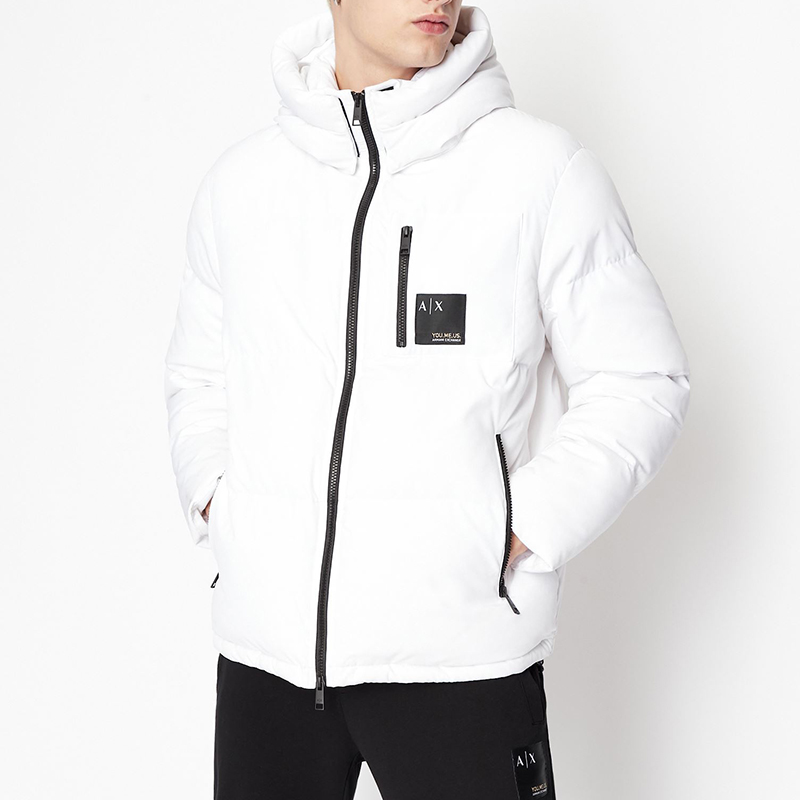 Shop ARMANI EXCHANGE FW22  White Logo Print Hooded Puffer Jacket. 6LZB12-ZNICZ-1100
