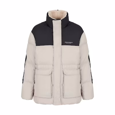 Armani Exchange FW22 Colorblock Logo Print Jacket in Light Khaki Navy 6LZBL2-ZNWMZ-12786