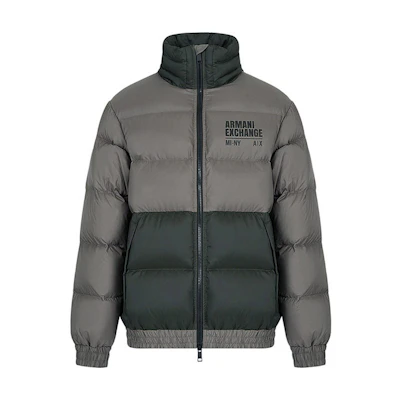 ARMANI EXCHANGE FW22 Colorblock Logo Puffer Jacket with Hidden Hood - Dark Grey 6LZB02-ZNUQZ-2845
