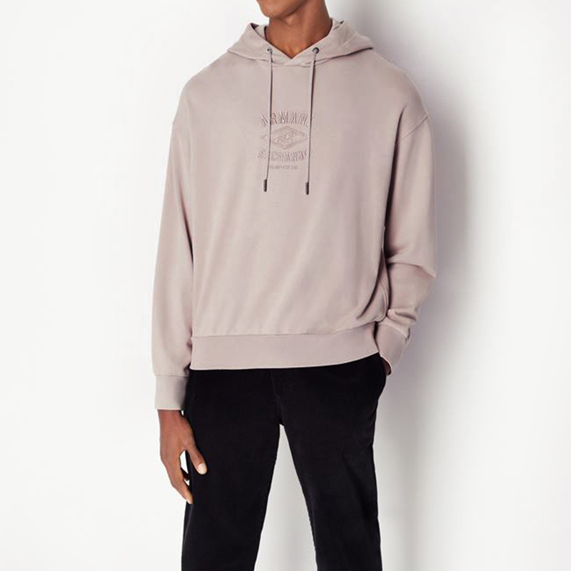 Shop Armani Exchange FW22 純色刺繡標誌連帽衫 米色棕 6LZMLD-ZJNBZ-1709